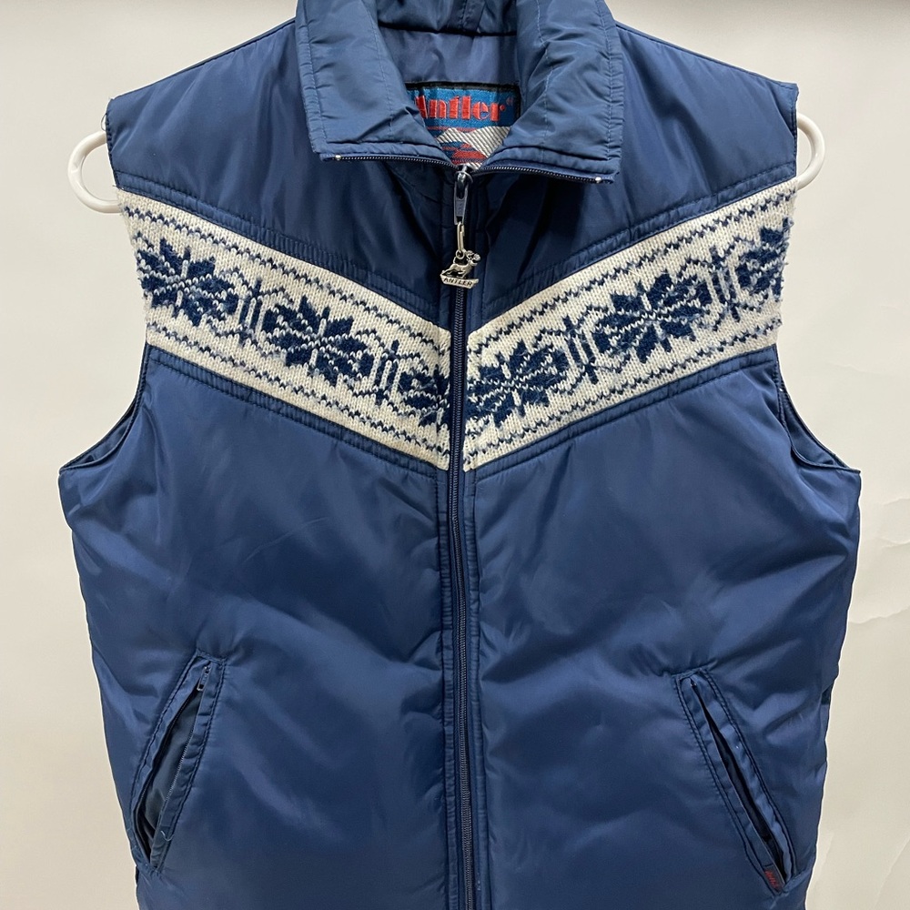 Antler Blue Puffer Down Feather Vest with Snowflake Pattern Size Small
